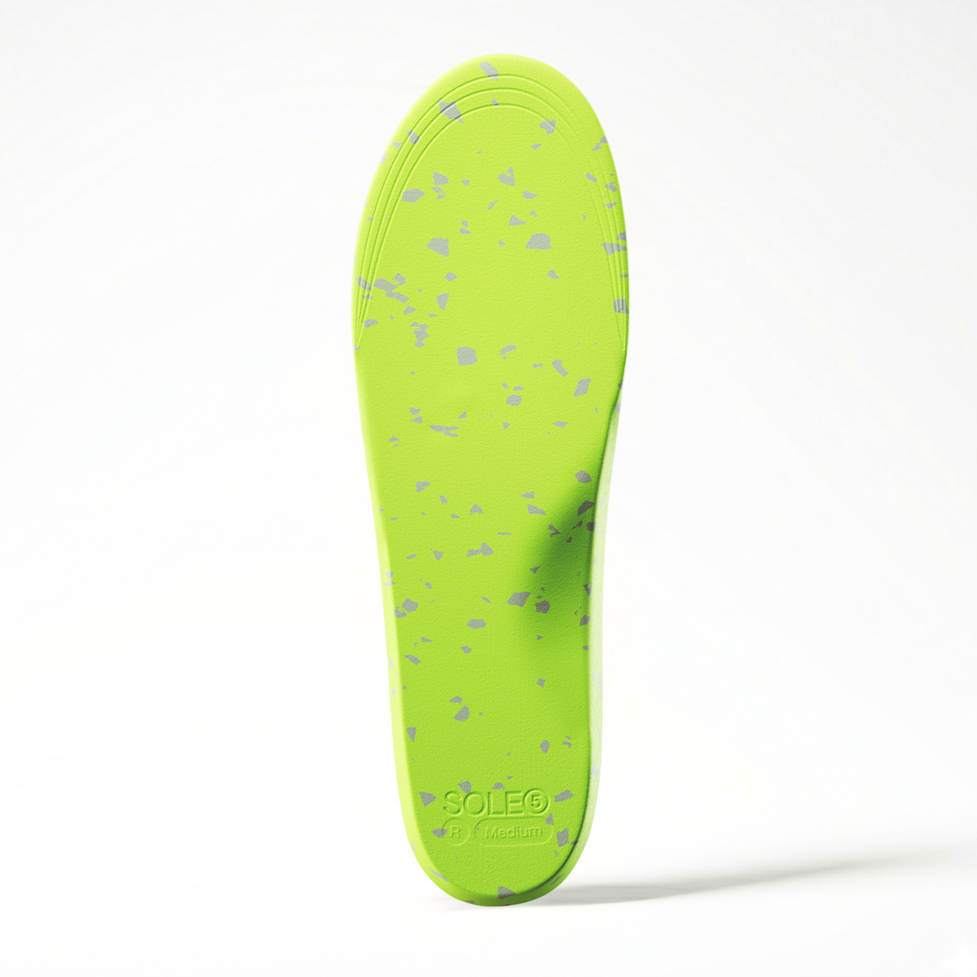 SOLE5 Orthotic back highlighting grey flake pattern of the sole. On a white background.