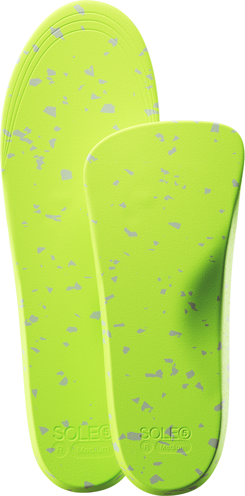 Under view of SOLE5 Full and Half Length Orthotic Insoles highlighting custom fluorescent green and grey materials