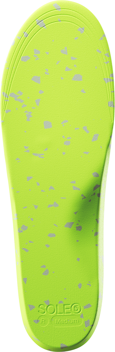 Under view of SOLE5 Full Length Orthotic Insole highlighting custom fluorescent green and grey materials