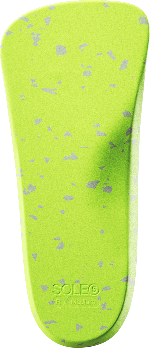 Under view of SOLE5 Half Length Orthotic Insole highlighting custom fluorescent green and grey materials
