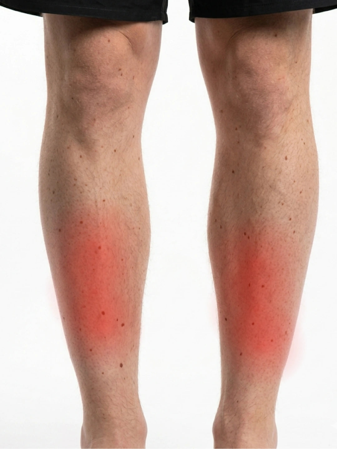 Redness on a person's shins indicating shin pain against a white background
