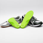 A silver casual shoe & a green athletic shoe with SOLE5 Half Length & Full Length Orthotic Insoles leaning against them. Highlighting the unique green and grey colours.